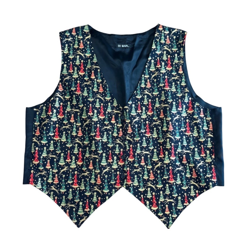 VTG 111 MAIN Black/Multi Christmas Vest CHRISTMAS TREES & REINDEER Satin Back 2X